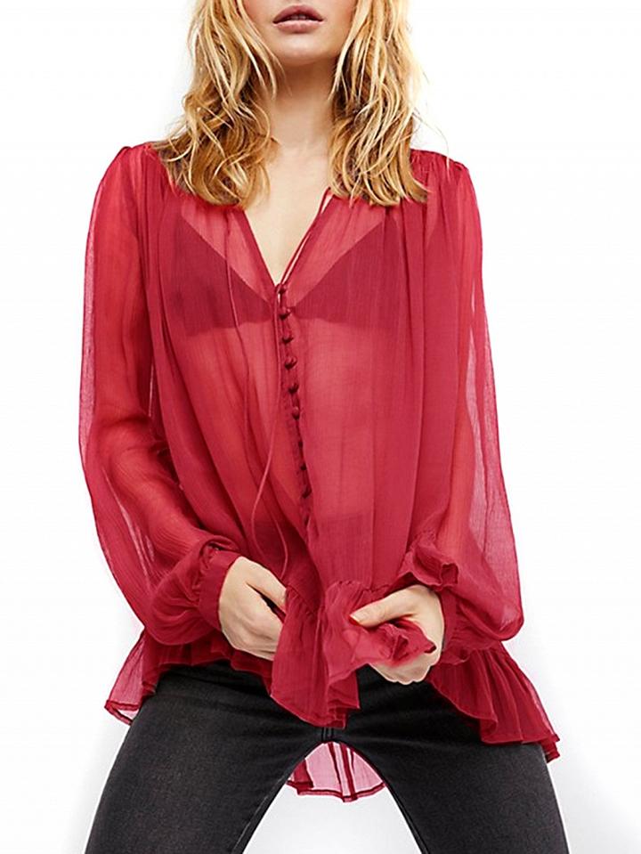 Choies Burgundy Ruffle Trim Long Sleeve Shirt
