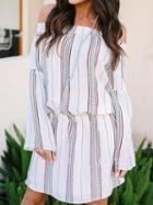 Choies White Stripe Off Shoulder Long Sleeve Chic Women Mini Dress