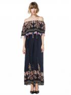 Choies Navy Blue Off Shoulder Floral Print Tassel Trim Layer Maxi Dress