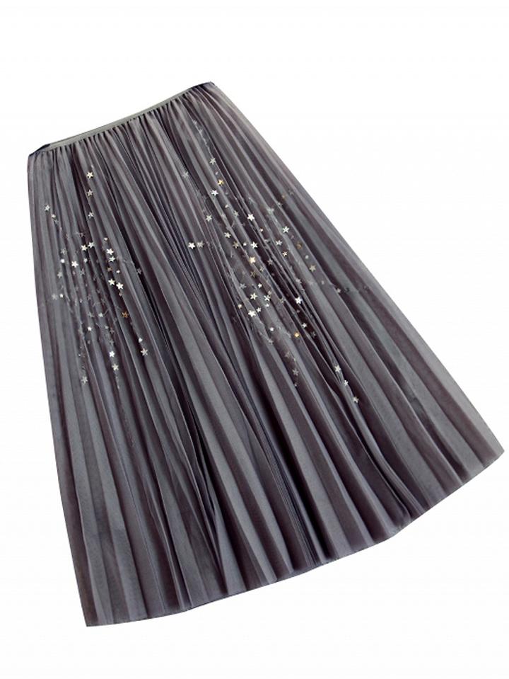 Choies Gray High Waist Star Sequin Overlay Mesh Pleated Skirt