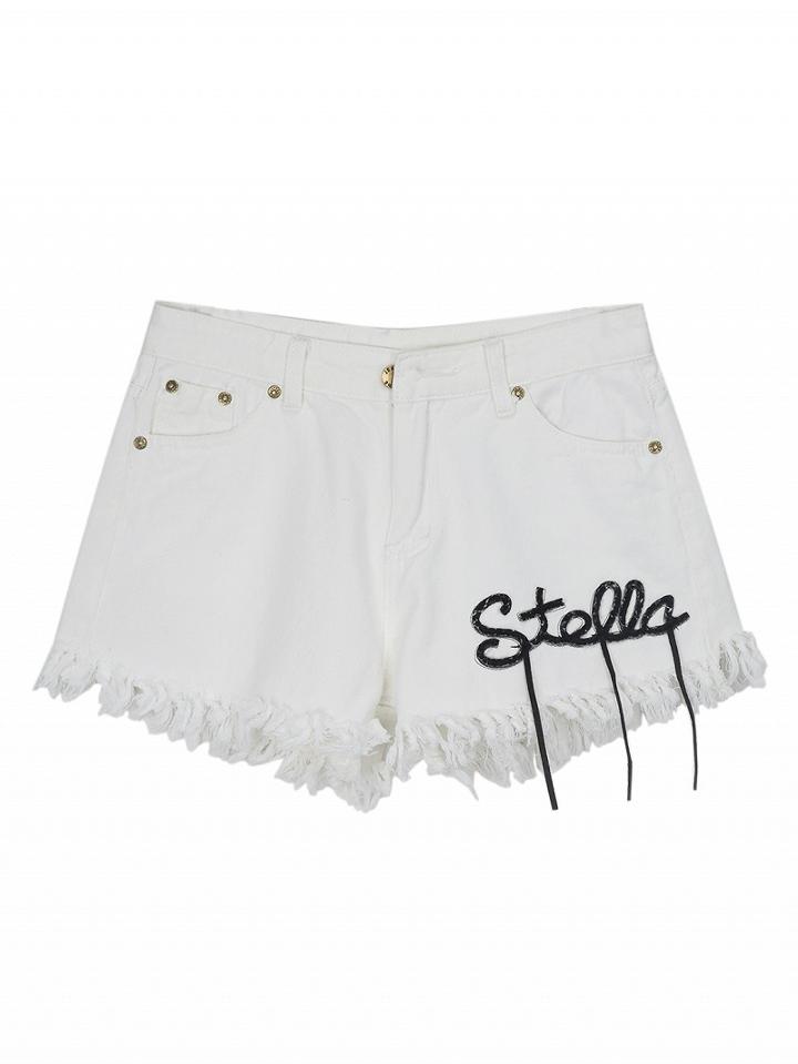 Choies White Letter Patched Raw Hem Denim Shorts