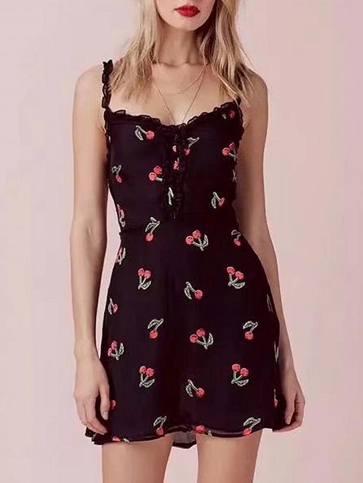 Choies Black Spaghetti Strap V-neck Cherry Print Frill Trim Mini Dress
