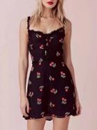 Choies Black Spaghetti Strap V-neck Cherry Print Frill Trim Mini Dress