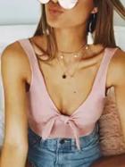 Choies Pink V-neck Knot Front Ribbed Crop Tank