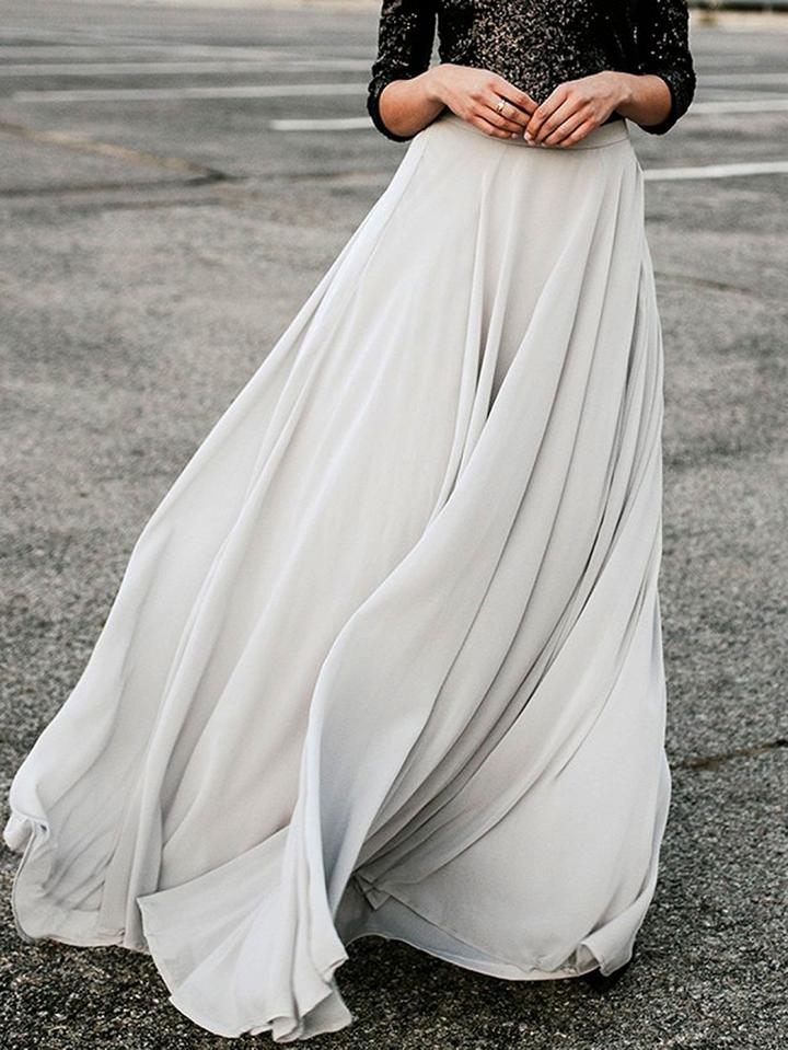 Choies Silver Chiffon High Waist Chic Women Maxi Skirt