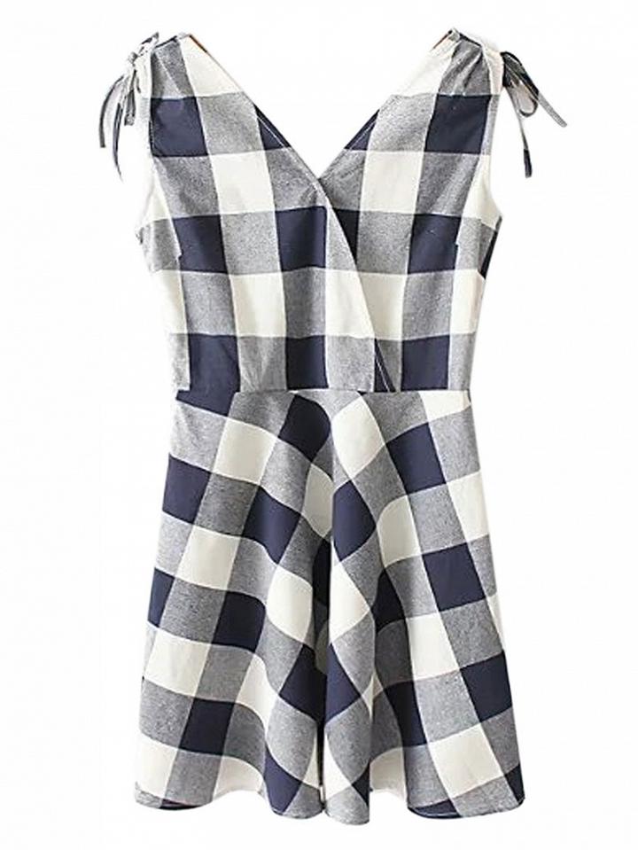 Choies Monochrome Plaid V-neck Wrap Front High Waist Dress