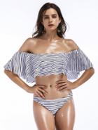 Choies Monochrome Stripe Off Shoulder Ruffle Trim Bikini Top And Bottom