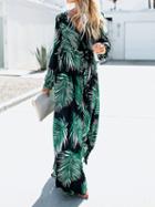 Choies Green Cotton V-neck Leaf Print Long Sleeve Chic Women Maxi Dress
