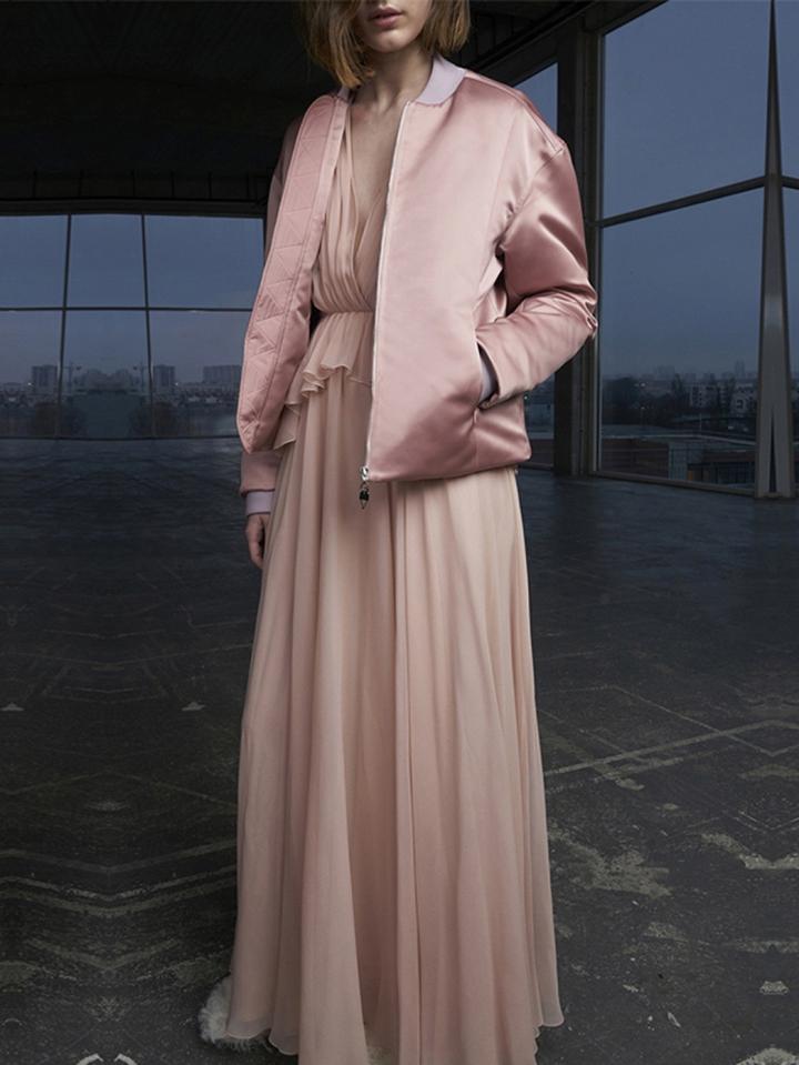 Choies Light Pink Plunge Ruffle Trim Puff Sleeve Maxi Dress