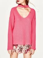 Choies Pink Plunge Choker Neck Long Sleeve Knit Sweater