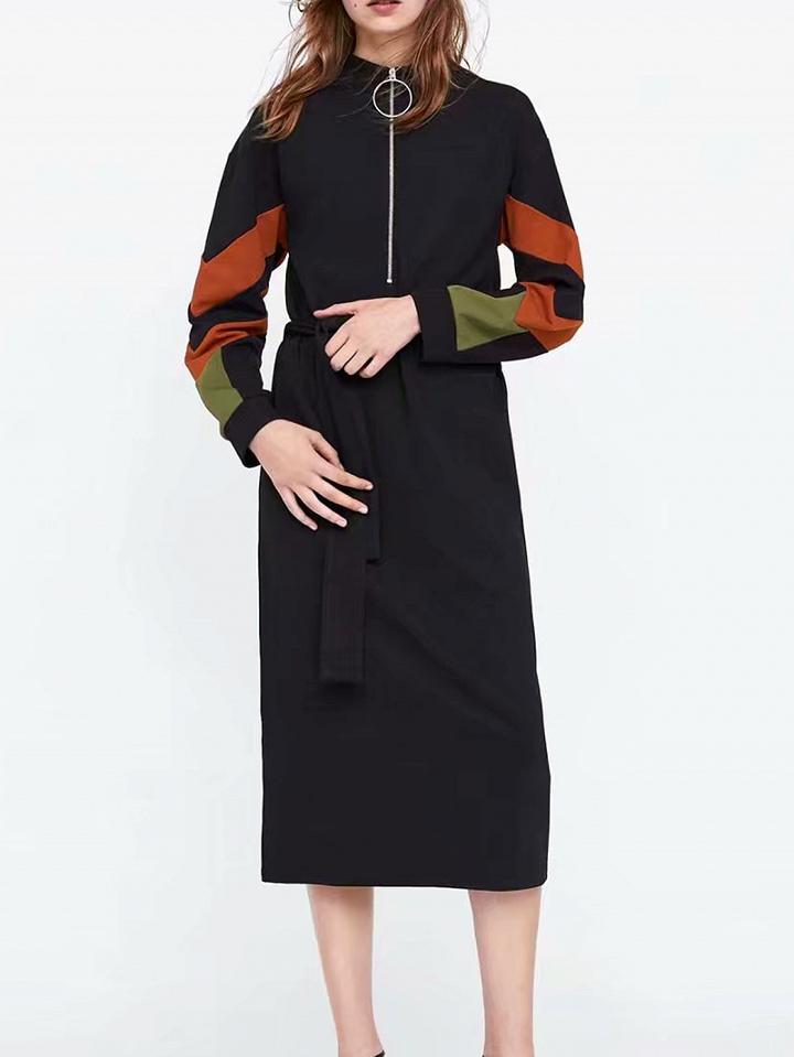 Choies Black Contrast Panel Tie Waist Long Sleeve Women Midi Dress