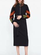Choies Black Contrast Panel Tie Waist Long Sleeve Women Midi Dress