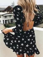 Choies Black V-neck Star Print Open Back Long Sleeve Mini Dress