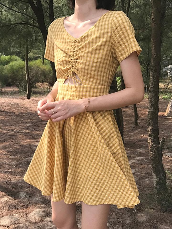 Choies Yellow Plaid Cotton V-neck Tie Waist Chic Women Mini Dress