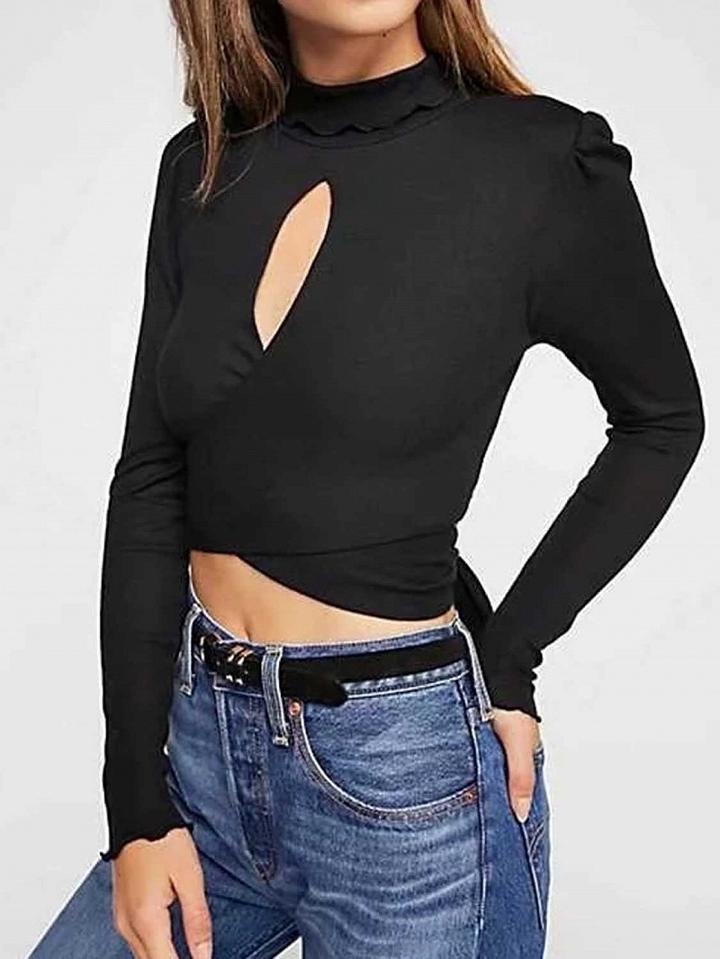 Choies Black Cotton Cut Out Front Cross Strap Back Long Sleeve Crop Top