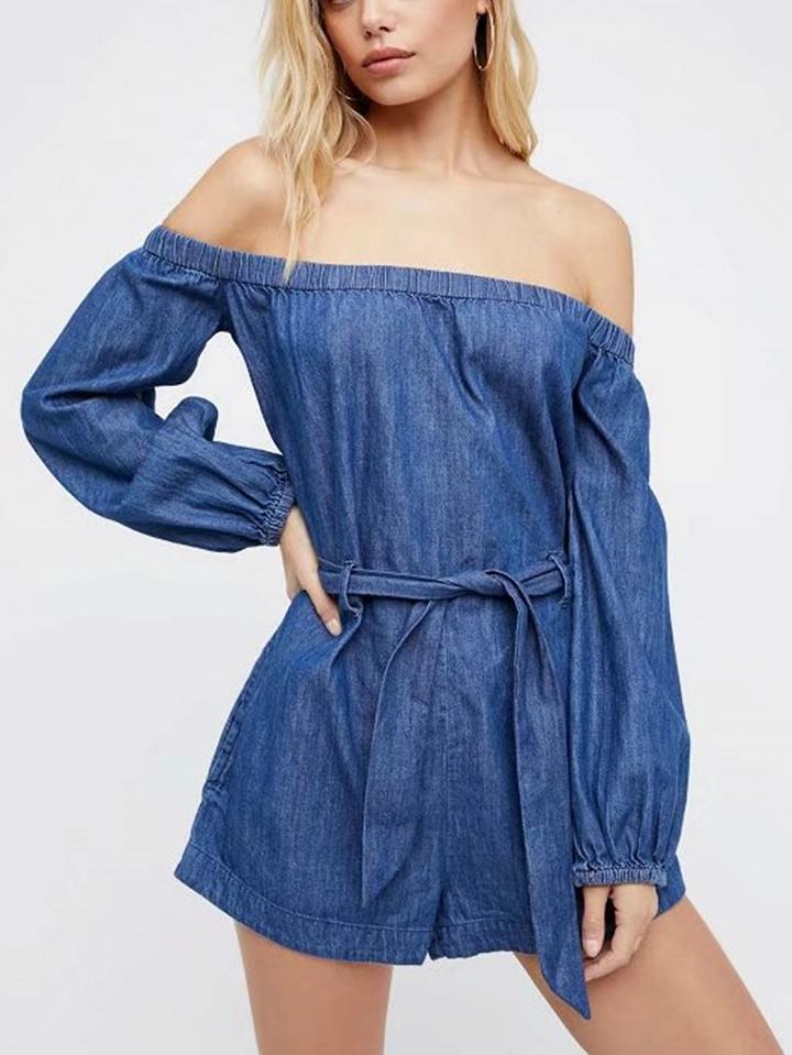 Choies Blue Off Shoulder Tie Waist Long Sleeve Denim Romper Playsuit