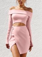 Choies Pink Cotton Off Shoulder Tie Waist Long Sleeve Chic Women Mini Dress
