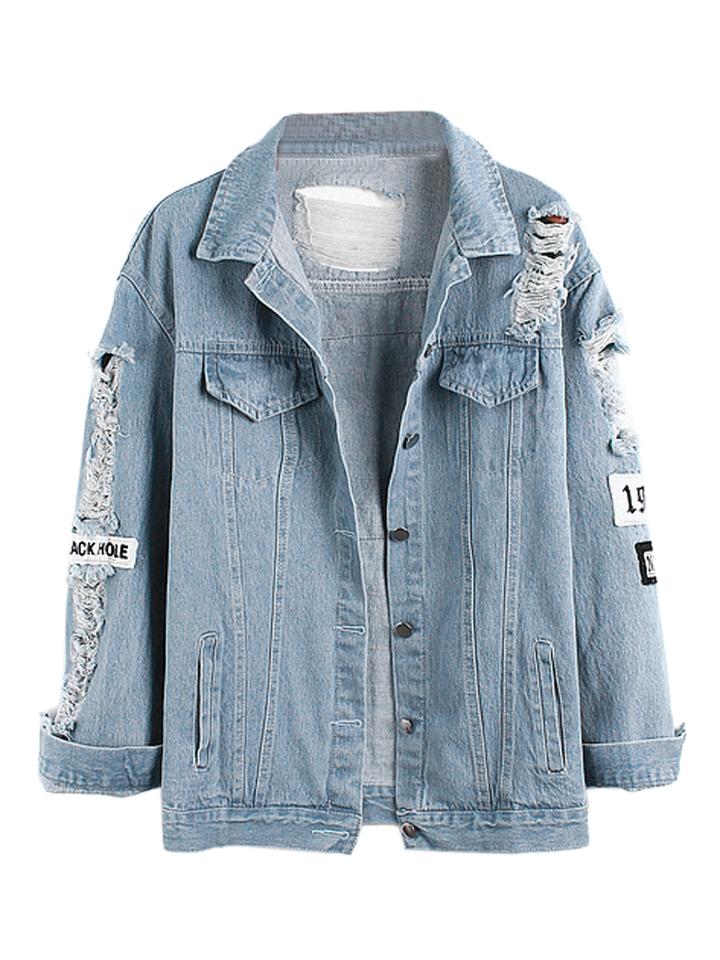Choies Light Blue Letter Patch Ripped Pockets Denim Coat