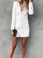 Choies White Cotton Eyelet Lace Up Front Long Sleeve Chic Women Mini Dress