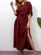 Choies Burgundy Cotton Blend V-neck Tie Waist Long Sleeve Maxi Dress