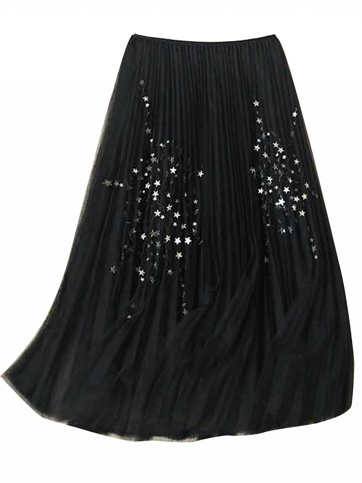 Choies Black High Waist Star Sequin Overlay Mesh Pleated Skirt