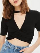 Choies Black V-neck Cross Front Short Sleeve Cropped T-shirt