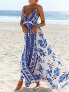 Choies White Halter Plunge Floral Print Tassel Split Maxi Dress