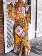 Choies Yellow V-neck Folk Print Crop Top And High Waist Hi-lo Skirt