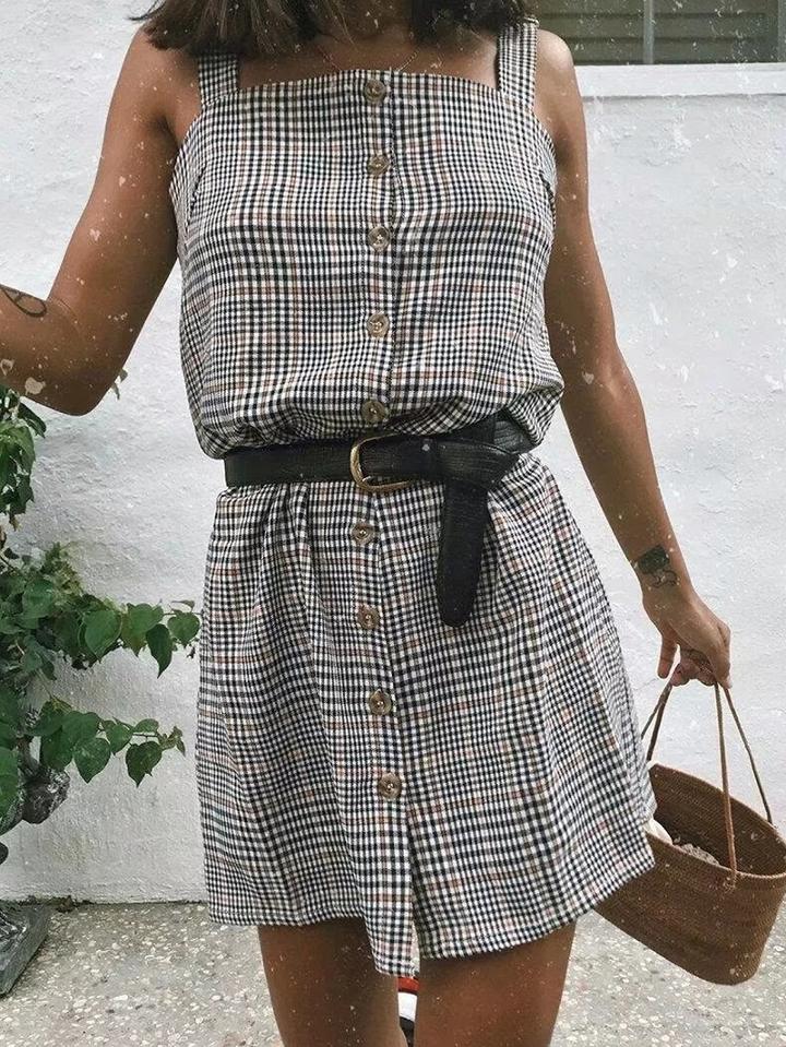Choies Gray Plaid Button Placket Front Chic Women Cami Mini Dress