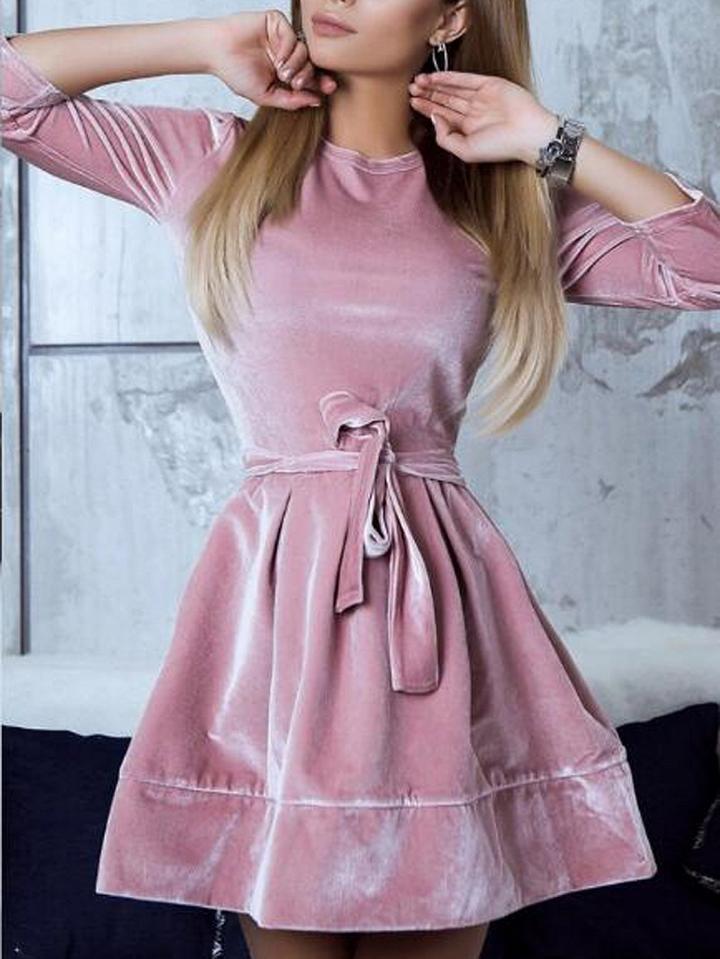 Choies Pink Velvet Tie Waist Skater Mini Dress