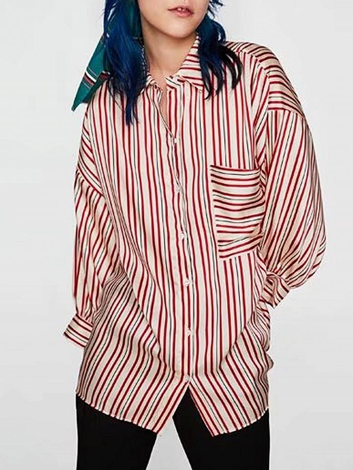 Choies Red Stripe Button Placket Long Sleeve Shirt