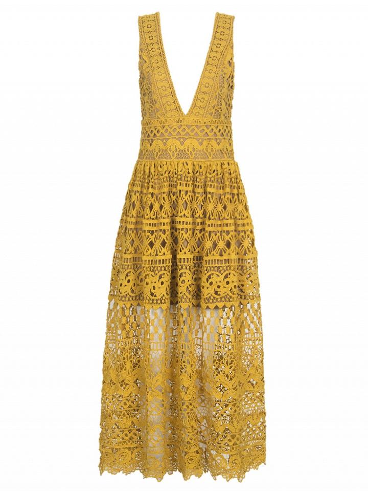 Choies Yellow Plunge Neck High Waist Lace Dress