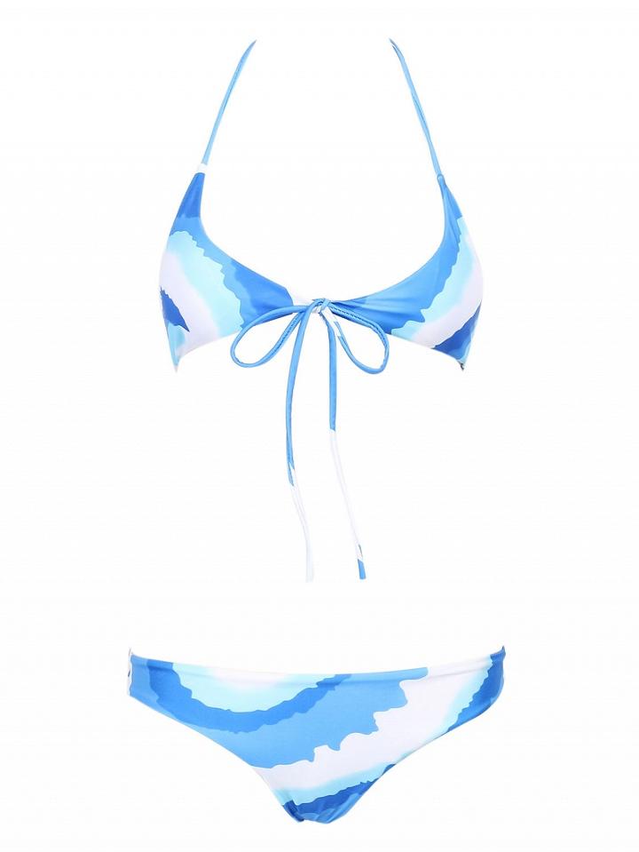 Choies Blue Dip Dye Print Tied Hem Halter Bikini Top And Bottom