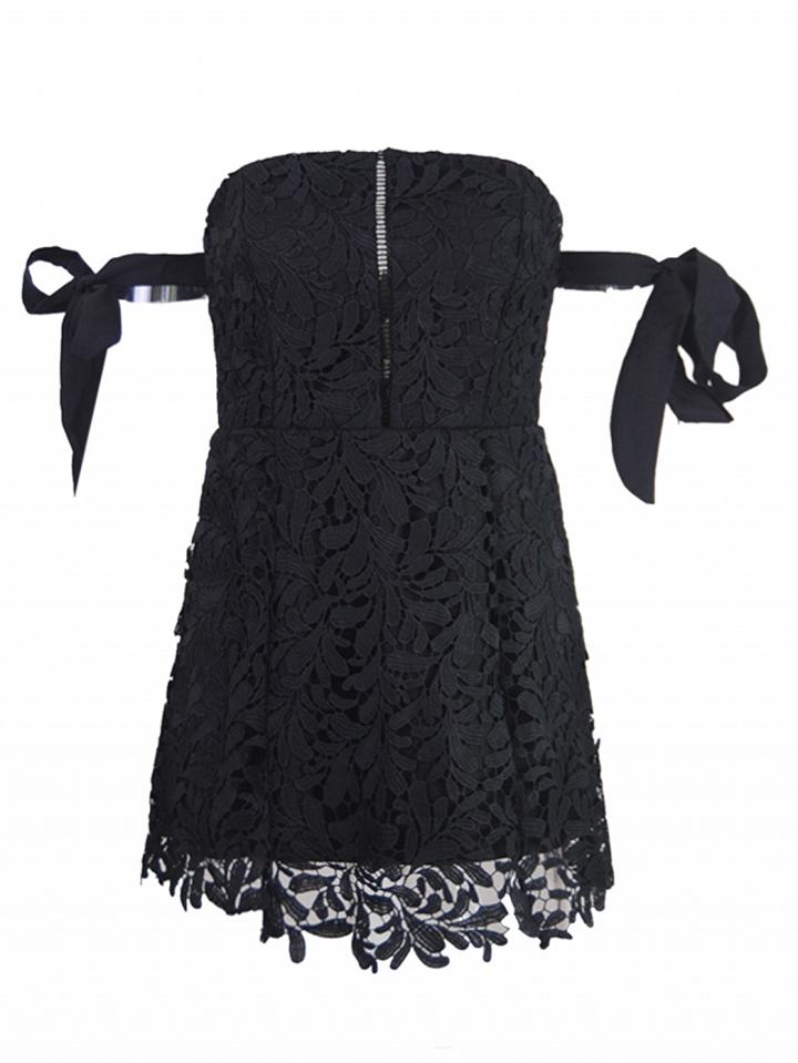 Choies Black Bardot Tie Sleeve Cutwork Lace Ladder Mini Dress