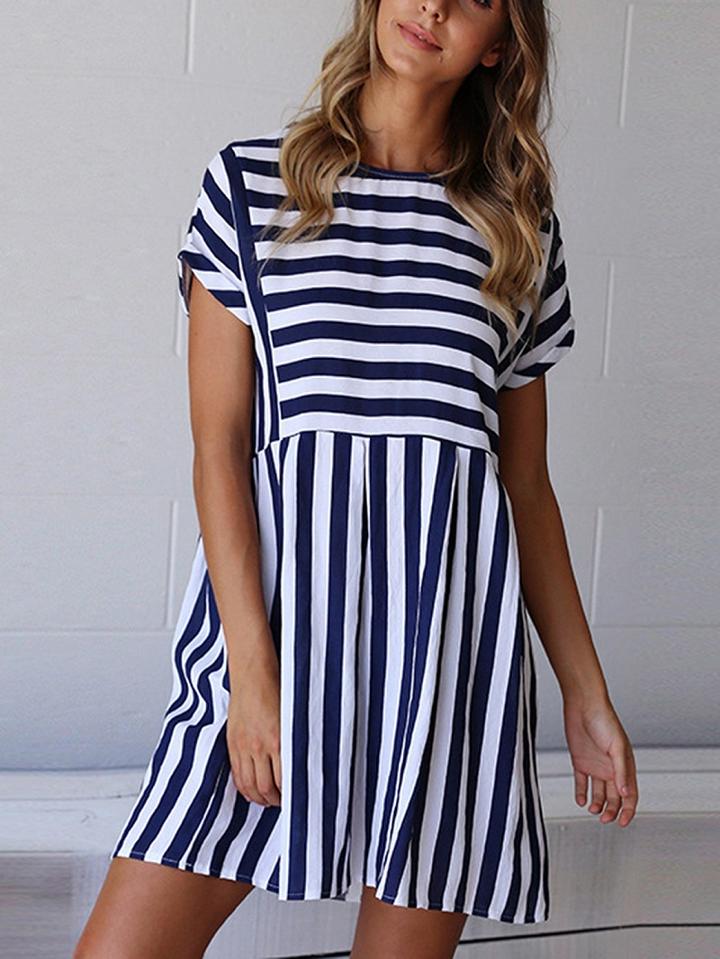 Choies Blue Stripe Crew Neck Pocket Detail Mini Dress