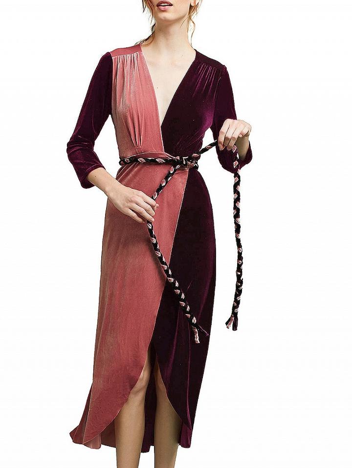 Choies Burgundy Contrast Velvet Tie Waist Asymmetric Hem Dress