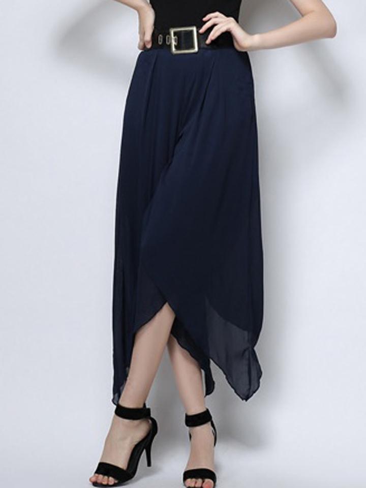 Choies Navy Layer Asymmetric Hem Wide Leg Palazzo Pants