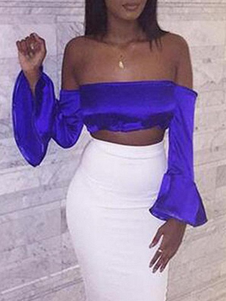 Choies Blue Satin Look Off Shoulder Flare Sleeve Crop Top
