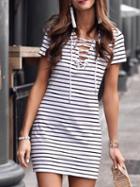 Choies White Stripe Eyelet Lace Up Front Casual Women Mini Dress
