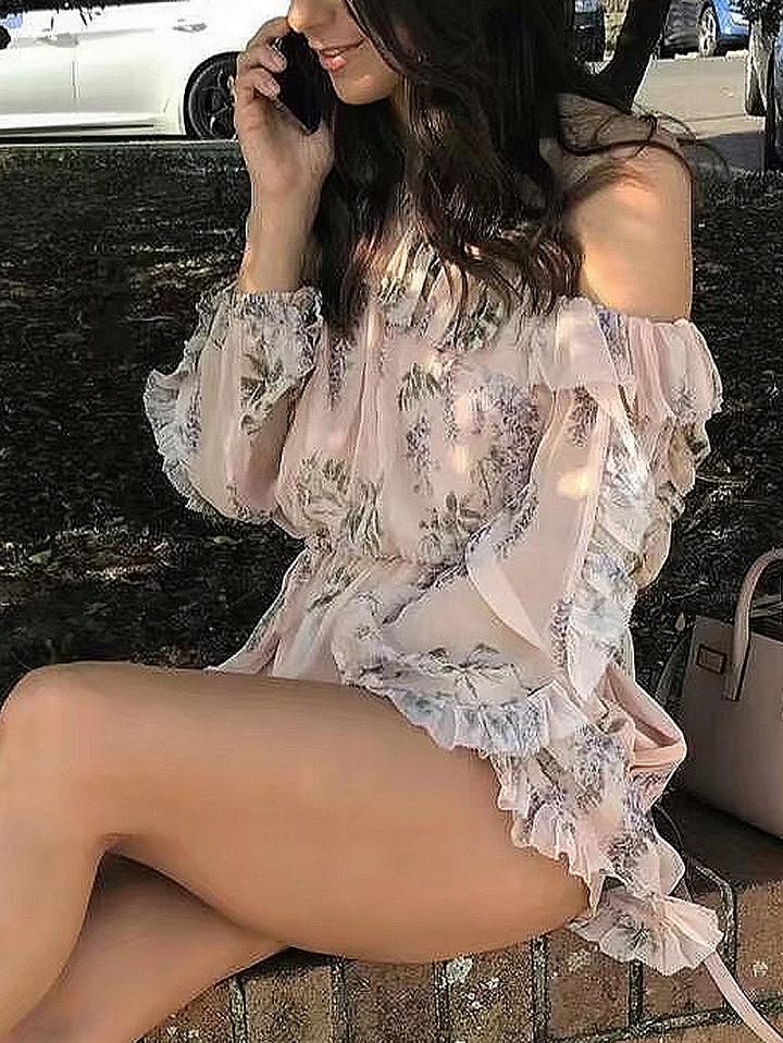 Choies Beige Off Shoulder Floral Print Frill Trim Romper Playsuit