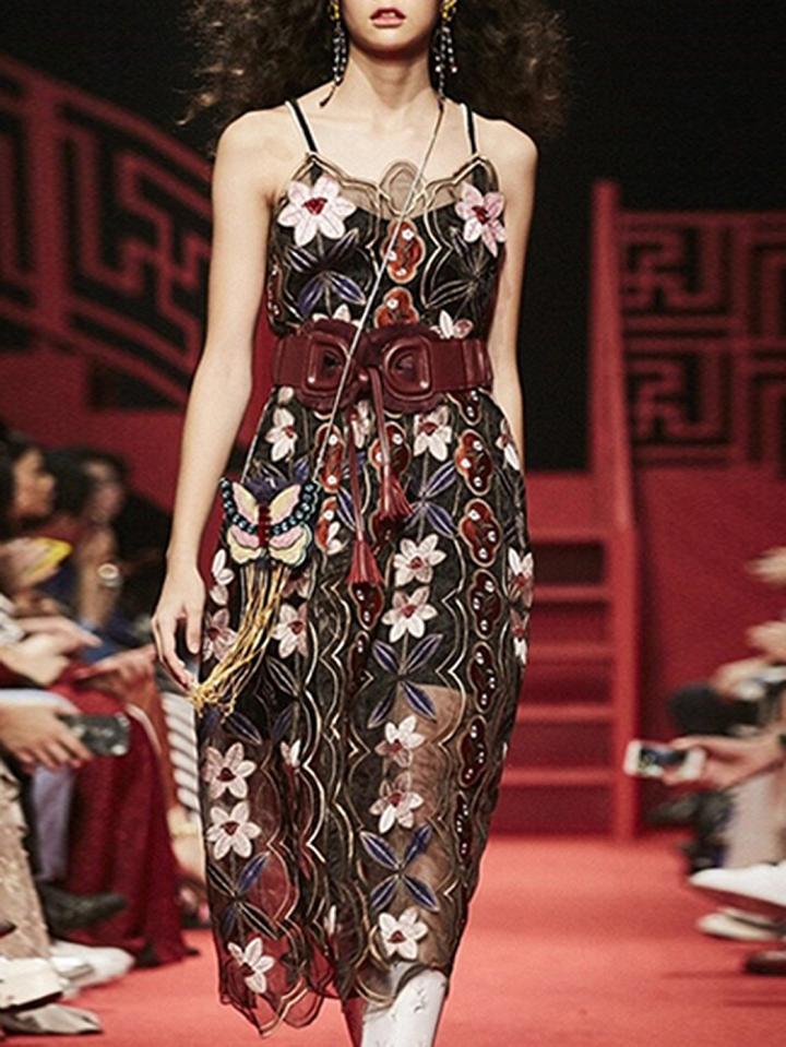 Choies Black Flower Embroidery Chic Women Sheer Cami Midi Dress