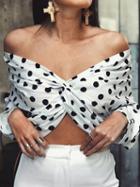Choies White Chiffon V-neck Polka Dot Print Long Sleeve Chic Women Crop Top