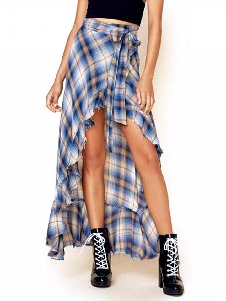 Choies Polychrome Plaid Tie Waist Ruffle Trim Hi-lo Skirt