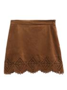 Choies Brown Suedette Crochet Scallop Hem Mini Skirt
