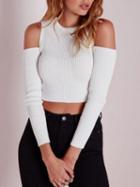 Choies White Cold Shoulder Long Sleeve Ribbed Crop Top
