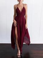 Choies Red Chiffon Plunge Strap Back Cross Backless Chic Women Cami Dress