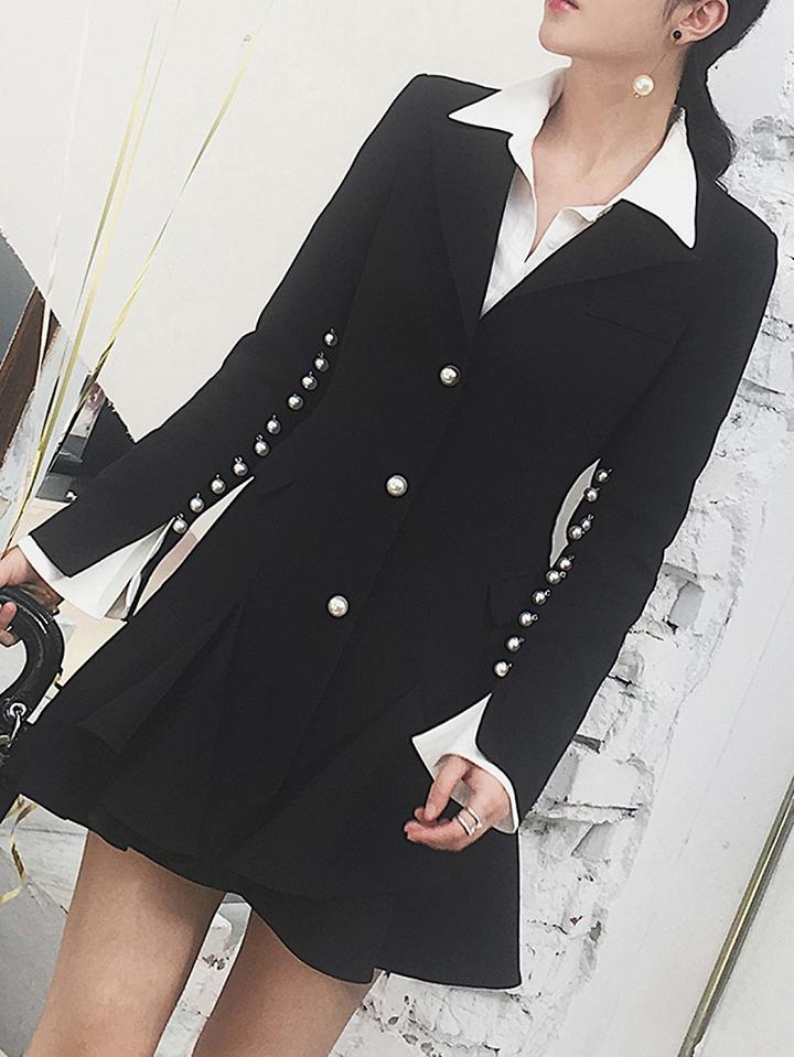 Choies Black Notch Lapel Pearl Embellished Ruffle Hem Blazer