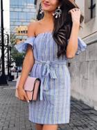 Choies Light Blue Stripe Off Shoulder Tie Waist Flare Sleeve Mini Dress