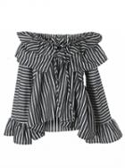 Choies Black Stripe Ruffle Tie Front Flared Sleeve Blouse
