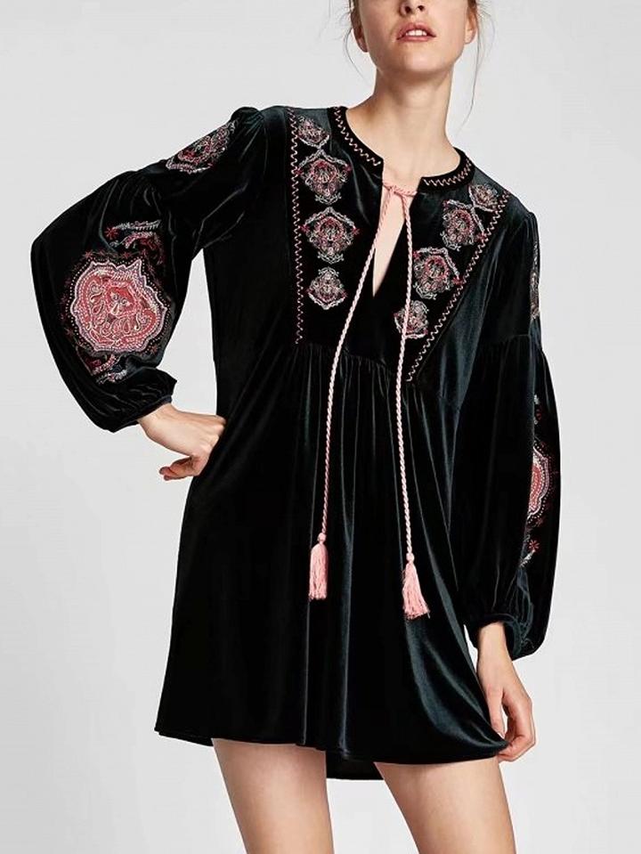 Choies Dark Green Velvet Tassel Tie Embroidery Long Sleeve Dress